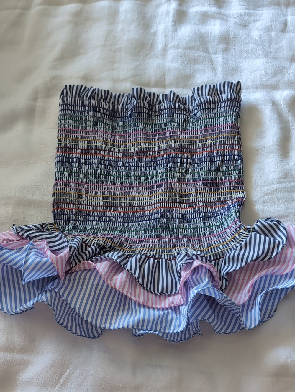 DO+BE Multicolor Smocked Ruffle Tube Top with Blue and Pink Stripes